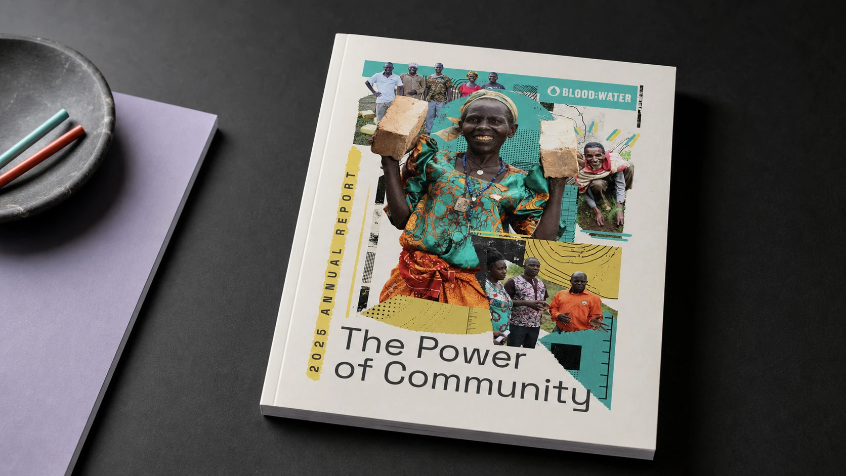 Blood:Water 2025 annual report cover and interior spread