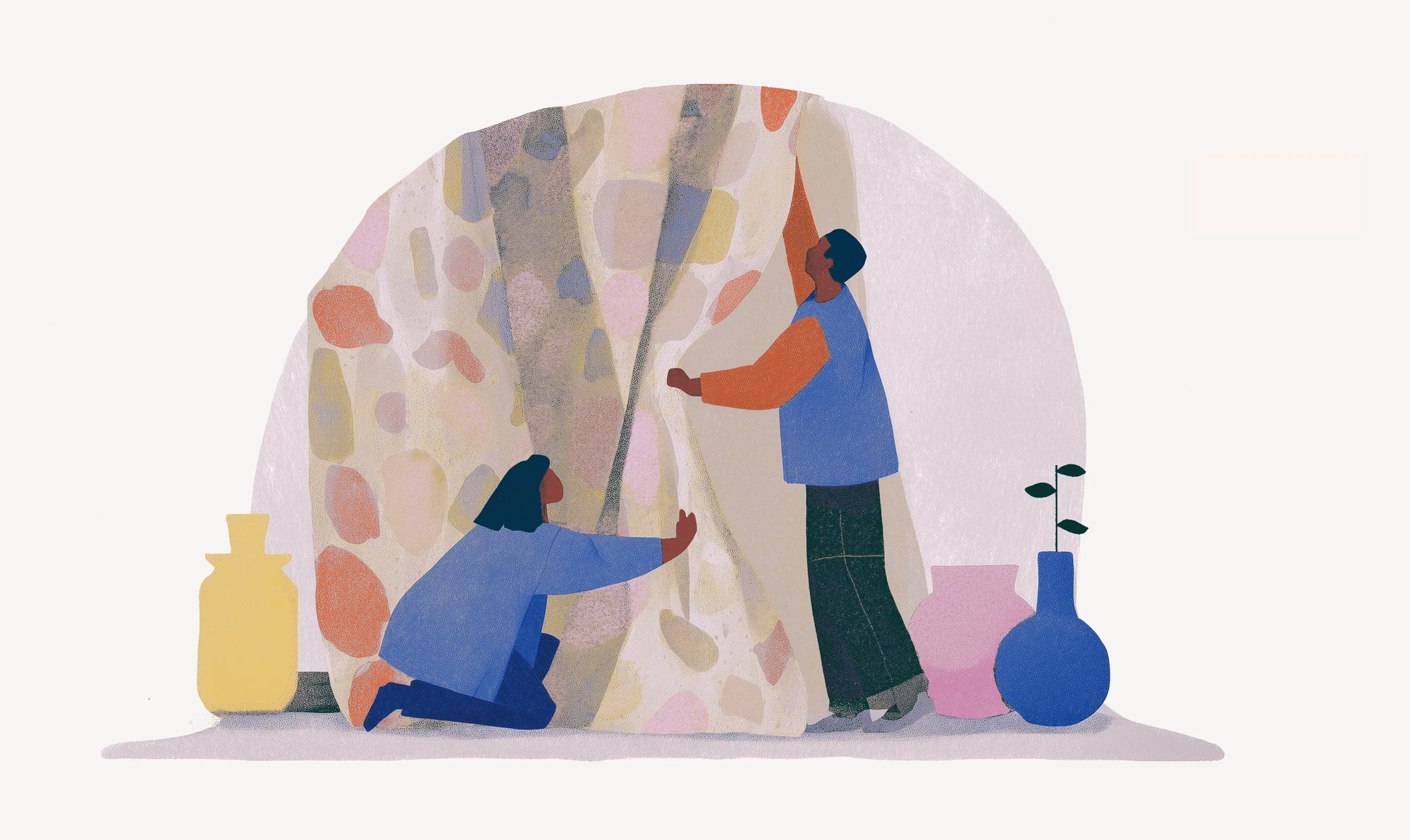 Everyplace illustration of two people hanging a patterned textile