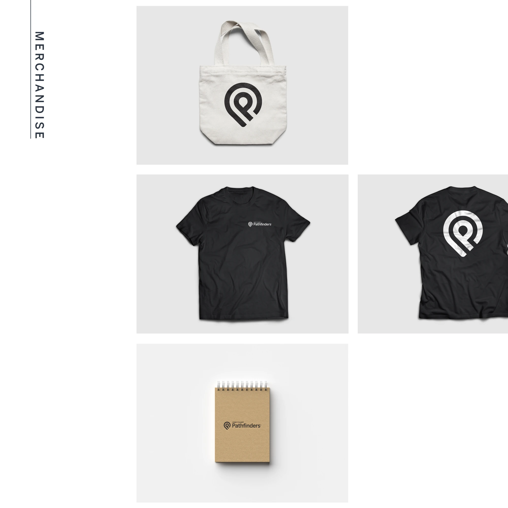 Pathfinders tote, shirt, and notebook merchandise