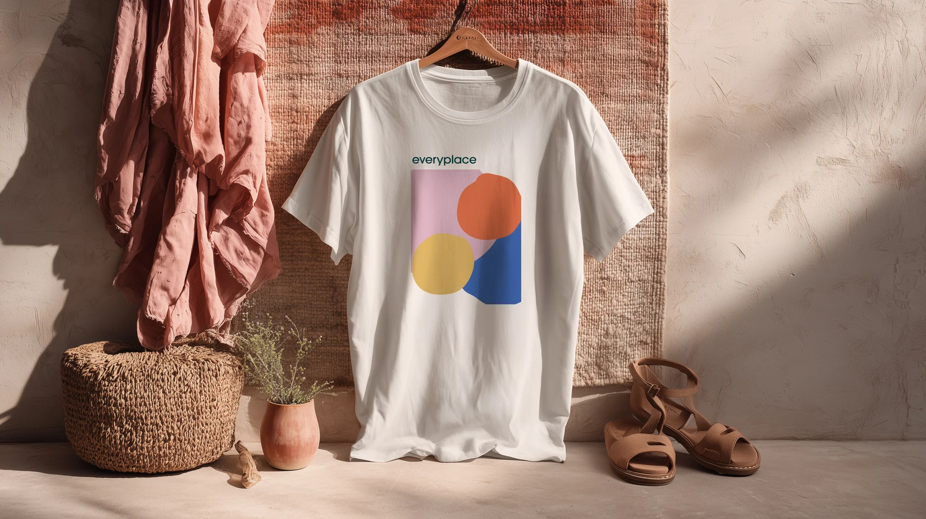 Everyplace graphic identity on a T-shirt in a warm, sunlit room