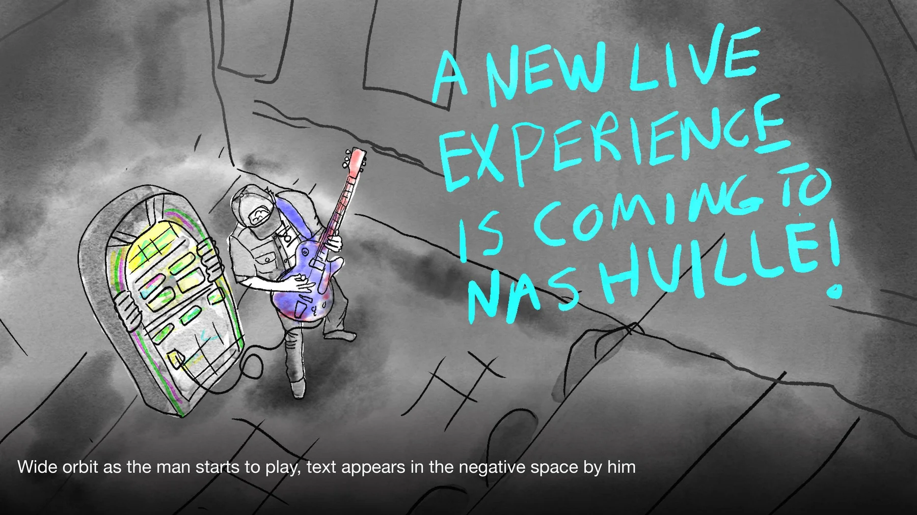 Hand-drawn storyboard for a Red Bull live-music concept in Nashville