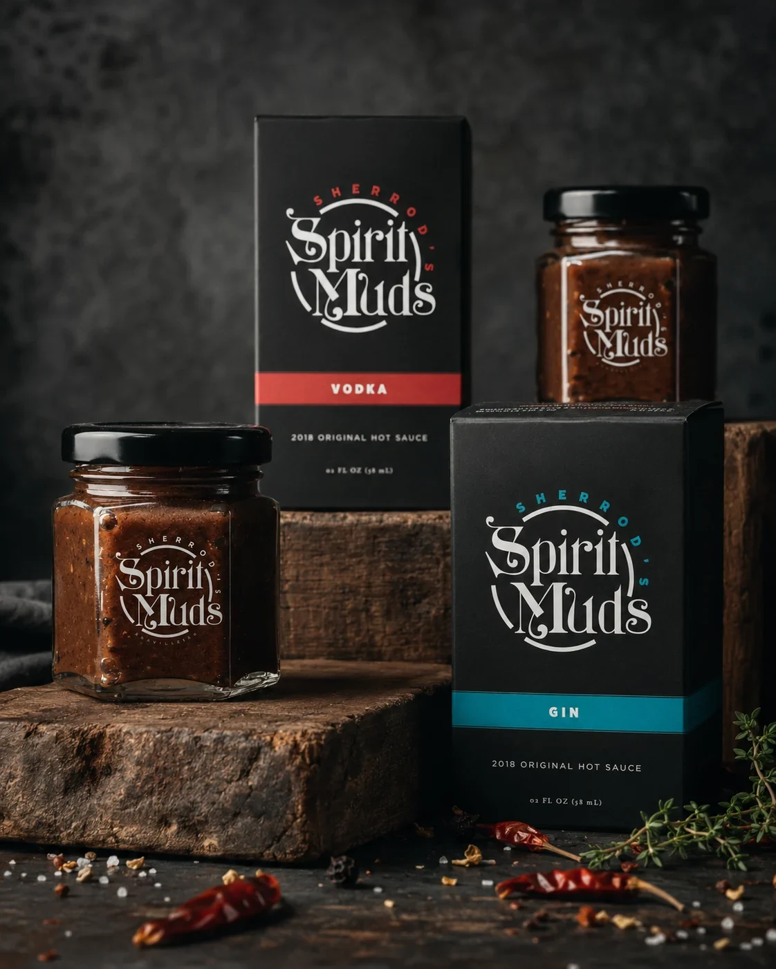 Spirit Muds hot sauce jars and cartons in a dark product scene